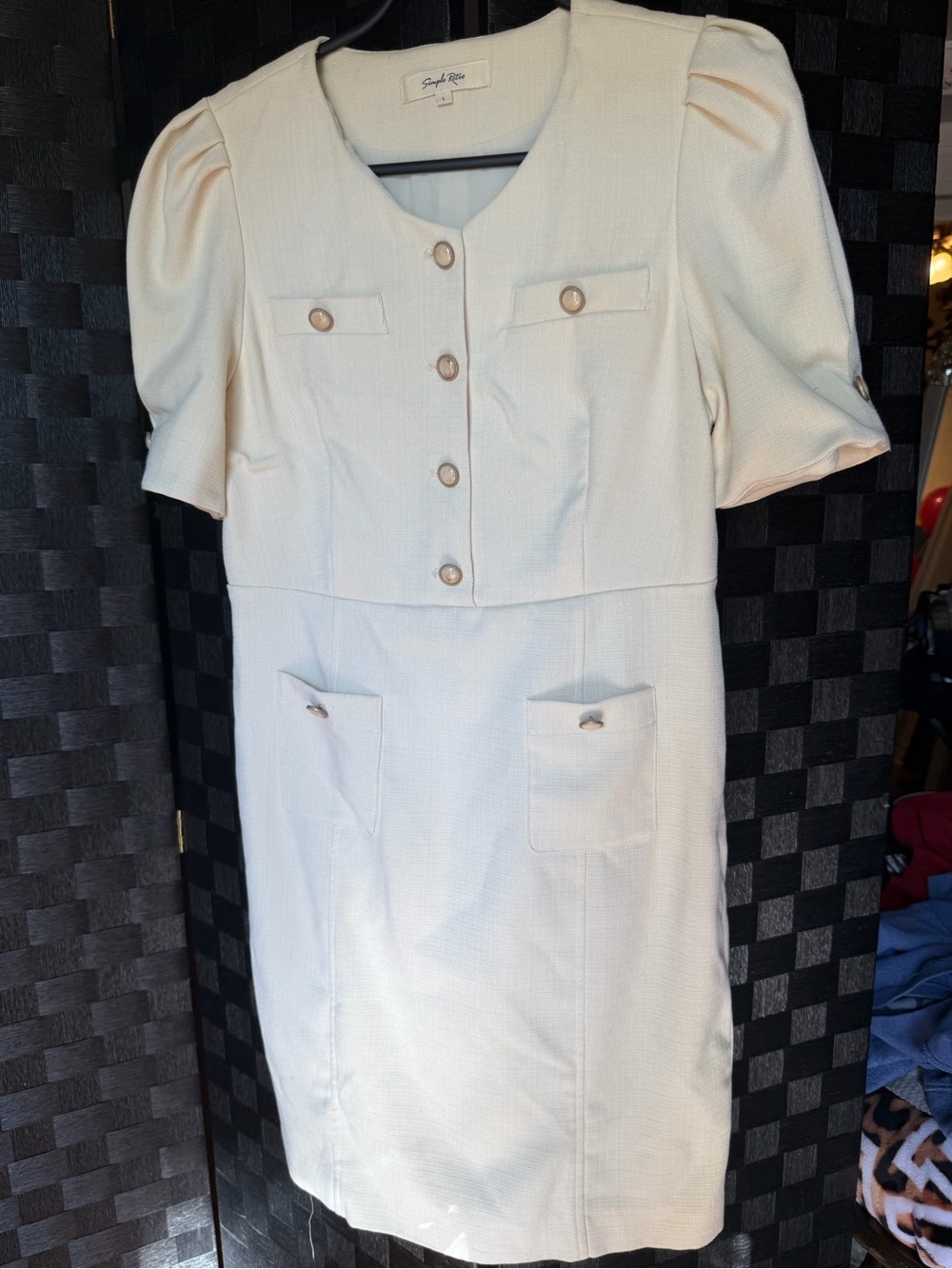 Softly Textured Cream Midi Dress with Button Front